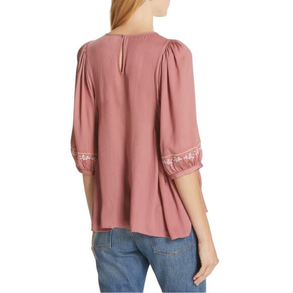 Anthropologie Dolan Pink Rose Embroidered Half Sleeve Top - Picture 4 of 13